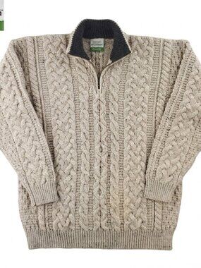 Shannon Woolen Mills Sweater 1/4 Zip Ireland Wool Chunky Cable Knit Men's Medium